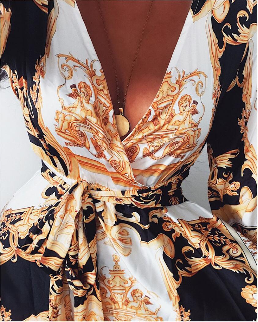 Evening Dress Print Dress V-Neck Pullover Retro Long Sleeve Women's  Long Skirt - 2bazar4