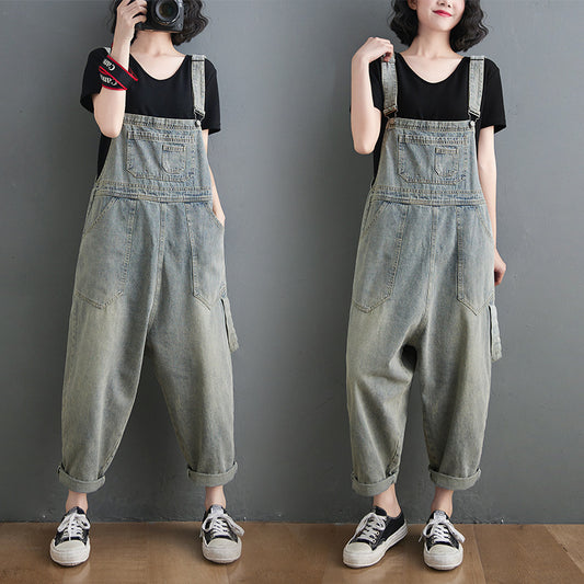 Vintage Jeans Jumpsuit Women Side Pockets Loose Retro Spaghetti Strap Denim Jumpsuit Ankle-length Romper Women Sleeveless - 2bazar4