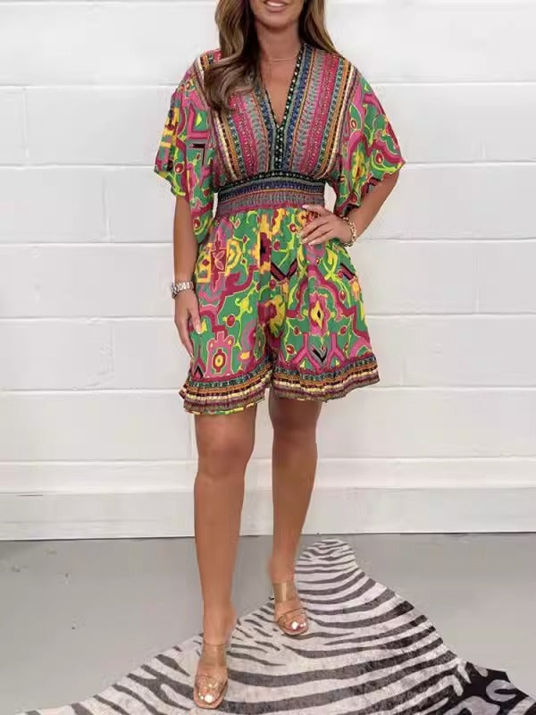 Women's short-sleeved printed V-neck ethnic style jumpsuit - 2bazar4