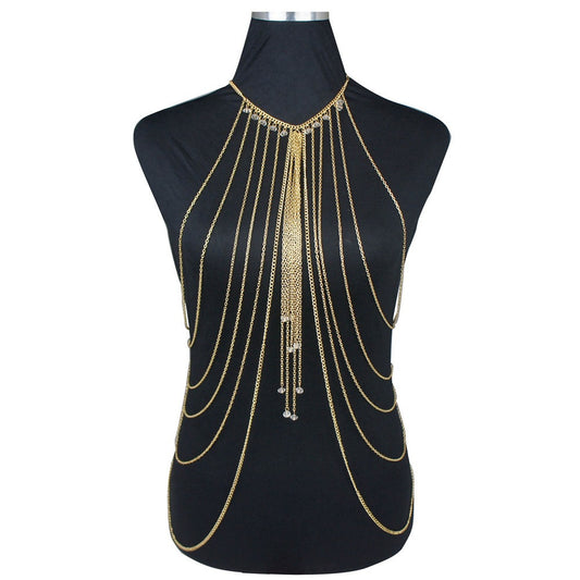 New Hot Selling Fashion Sexy Crystal Multi layered Tassel Long NecklacHot Selling Fashion Sexy Crystal Multi layered Tassel Long Necklace Body Chain Beauty Body Chain WomenMaterial: AlloySize:45cm+6cm