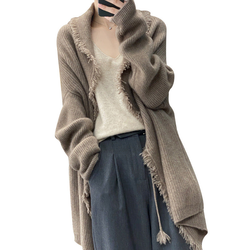 Japanese lazy style mid length tassel sweater for women, casual soft and sticky knitted cardigan - 2bazar4