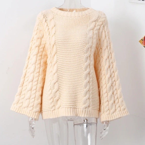 European and American women's INS popular round neck flared sleeve knitted loose sweater - 2bazar4