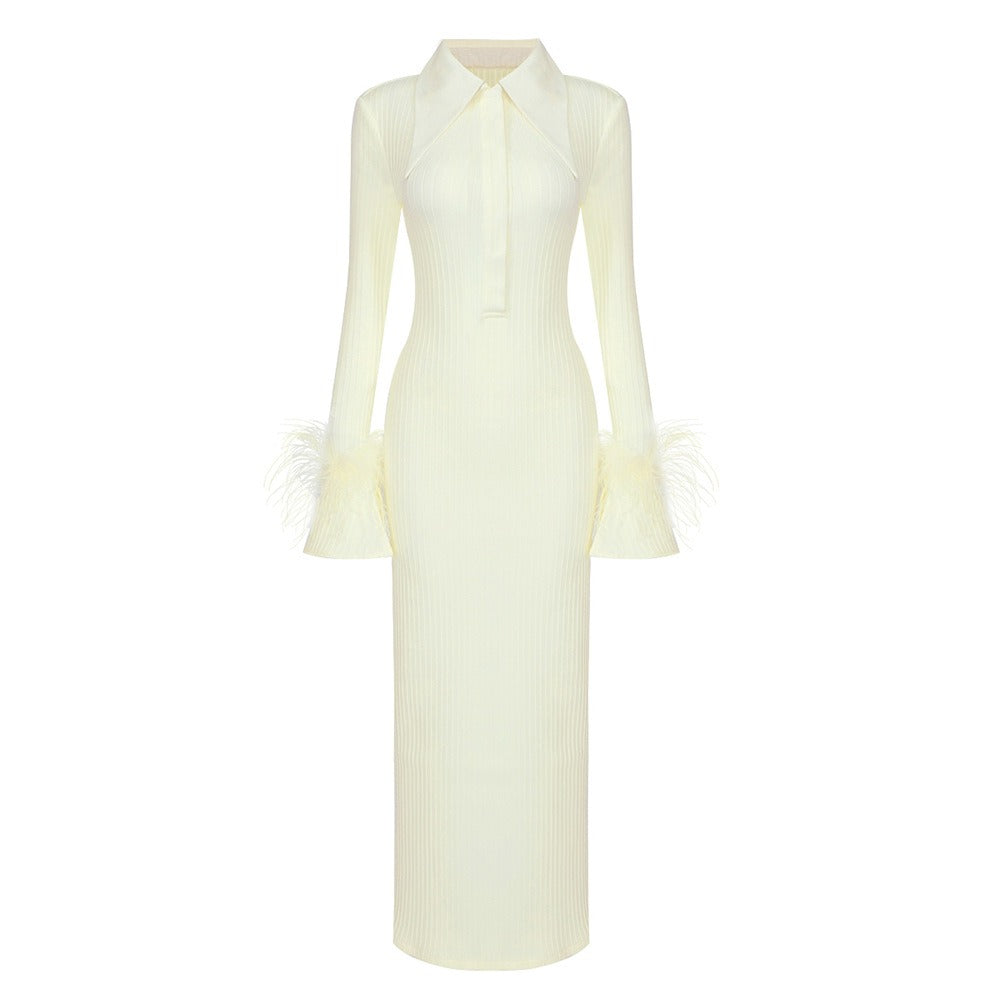 Light Yellow Dress Women Elegant Bandage Long Sleeve Feather Design Party Dress Vestidos - 2bazar4