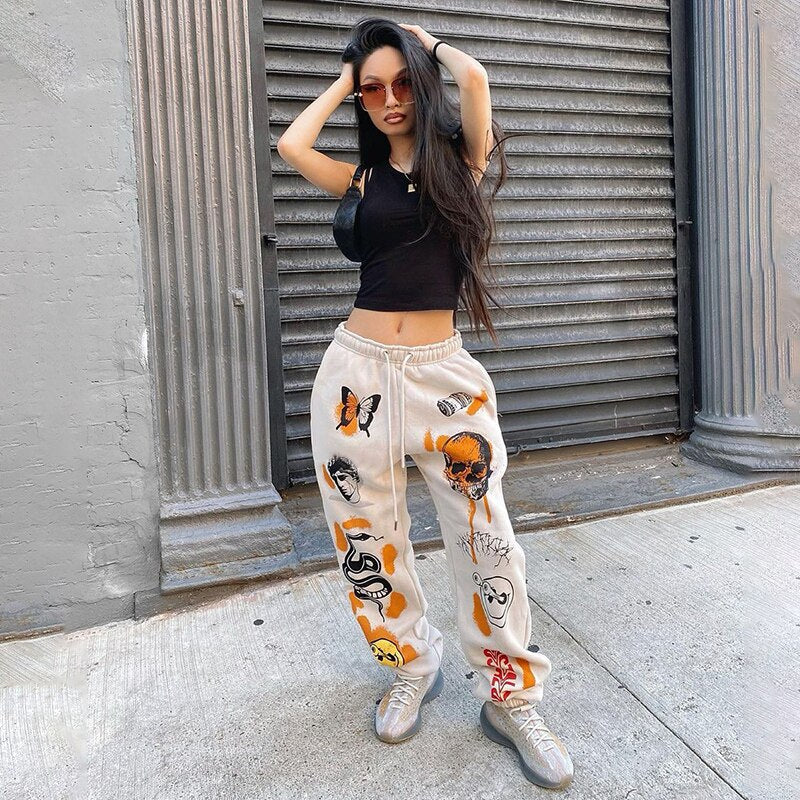 InstaHot Women Sweat Pant Harajuku Cartoon Printed Trousers Jogger Drawstring Cargo Pant Streetwear Casual Sweatpant Autumn - 2bazar4