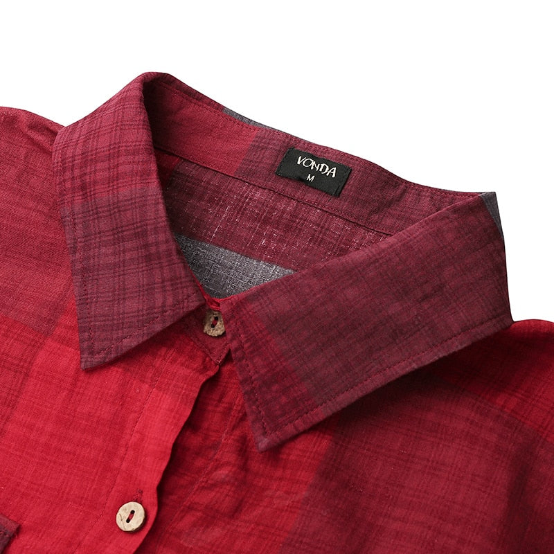 Long Sleeve Dress Checked Plaid Robe Maxi Beach Dress Summer Elegant Women Button Long Shirt Dress - 2bazar4