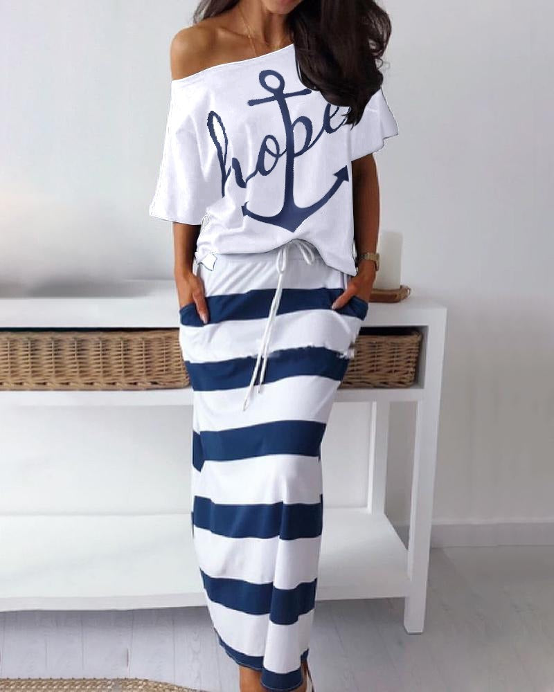 New European and American Navy Style Casual Set Womens Boat Anchor Print Womens Short Sleeve Set Women - 2bazar4