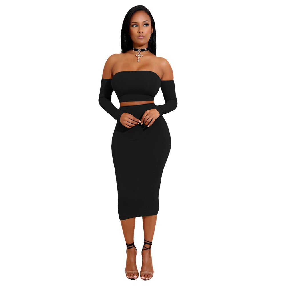 Sexy Women Two Pieces Set Off Shoulder Lace Up Back Long Sleeve Backless Crop Top Bodycon Pencil Skirt Set - 2bazar4