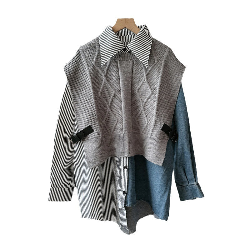 Design inspired knitted sweater vest set, women's loose Korean denim shirt fashion two-piece set - 2bazar4