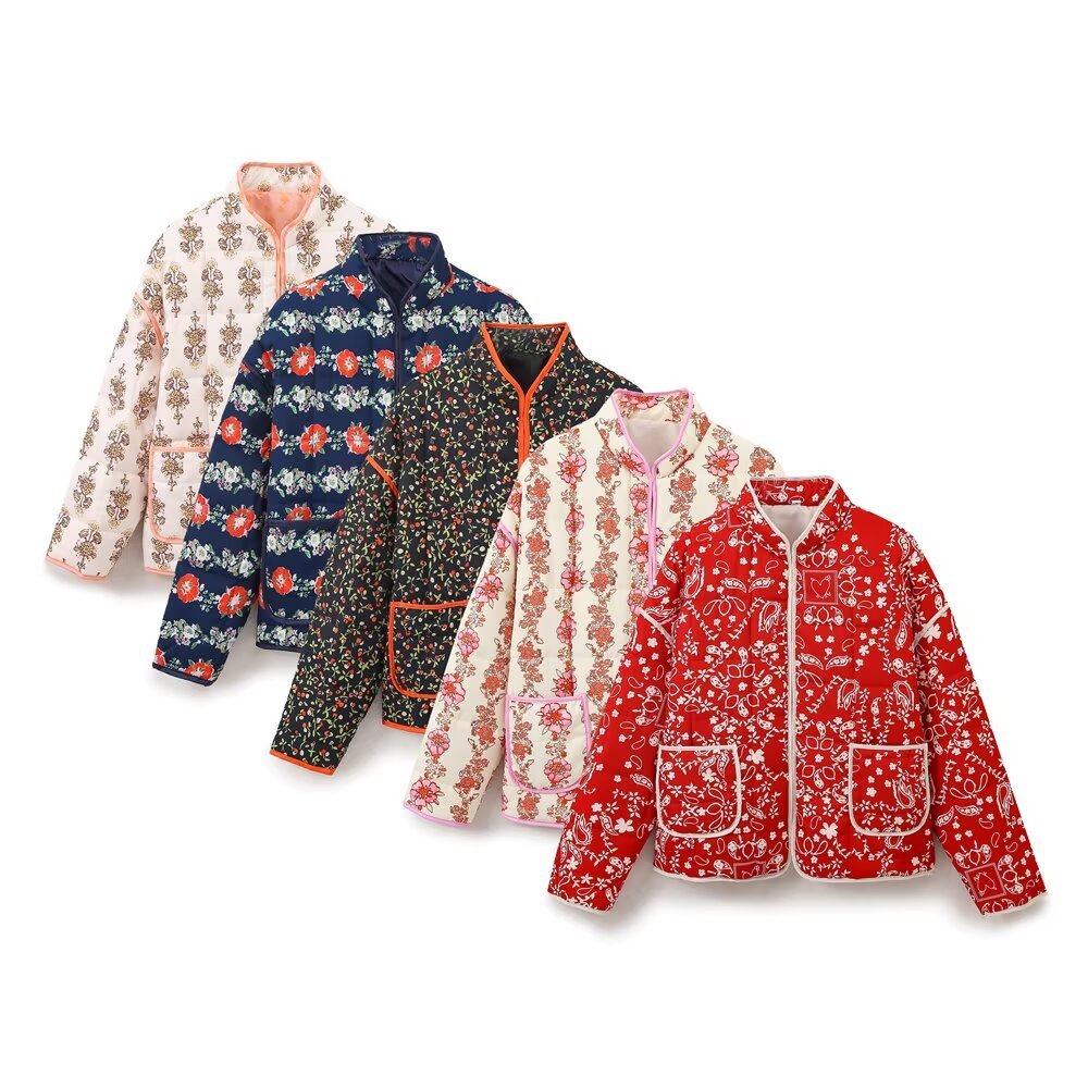Autumn and winter women's clothing new European and American style stand collar loose printed thin casual cotton jacket for women - 2bazar4
