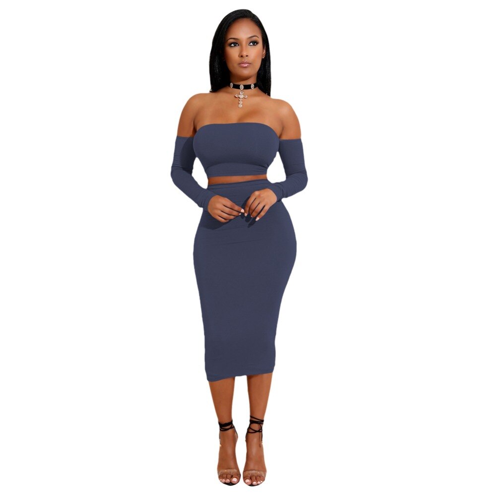 Sexy Women Two Pieces Set Off Shoulder Lace Up Back Long Sleeve Backless Crop Top Bodycon Pencil Skirt Set - 2bazar4