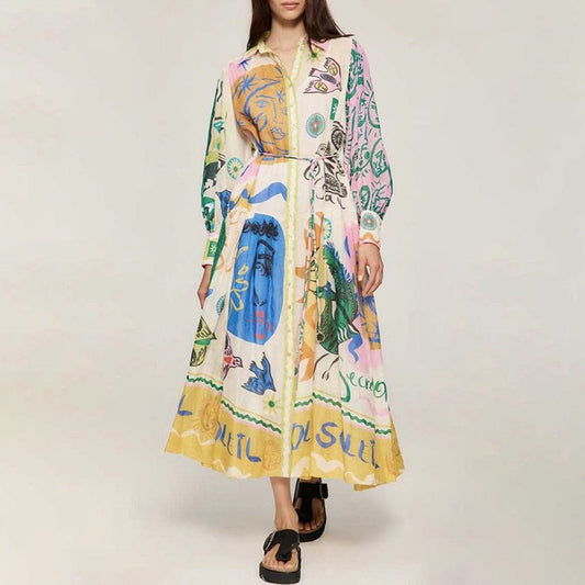 French court-style long skirt for women trendy autumn new fashionable lapel lantern sleeve lace-up ruffle dress