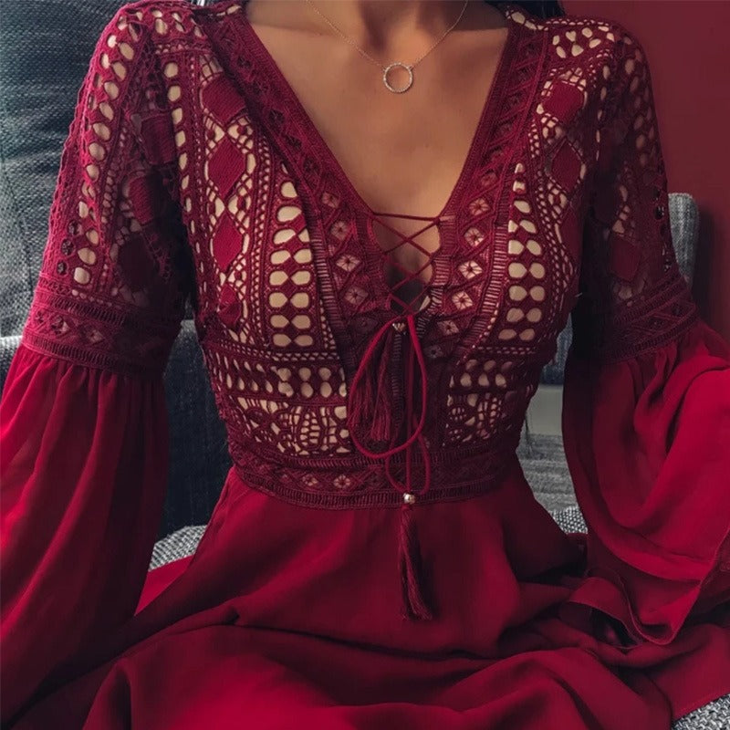 Long sleeved V-neck lace up hollowed out dress - 2bazar4