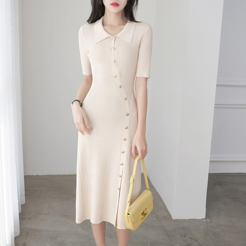 French Knitted Dress Women's Summer New Polo Neck Sexy Split Long Dress - 2bazar4