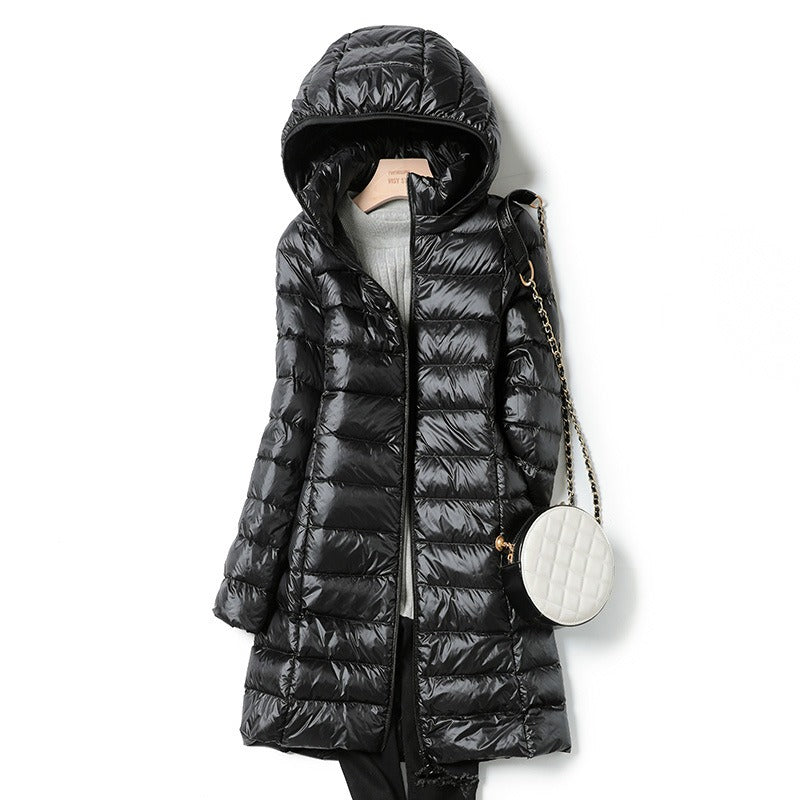 Lightweight and slim down jacket, women's mid length, hooded, oversized jacket with detachable hat - 2bazar4