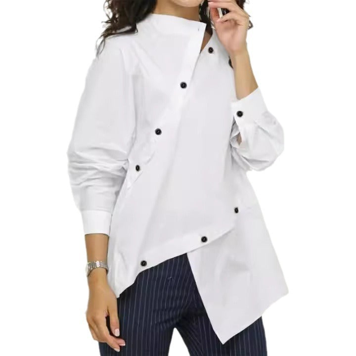 European and American women's fashion personalized button asymmetrical women's shirt long sleeved casual sloping collar top - 2bazar4
