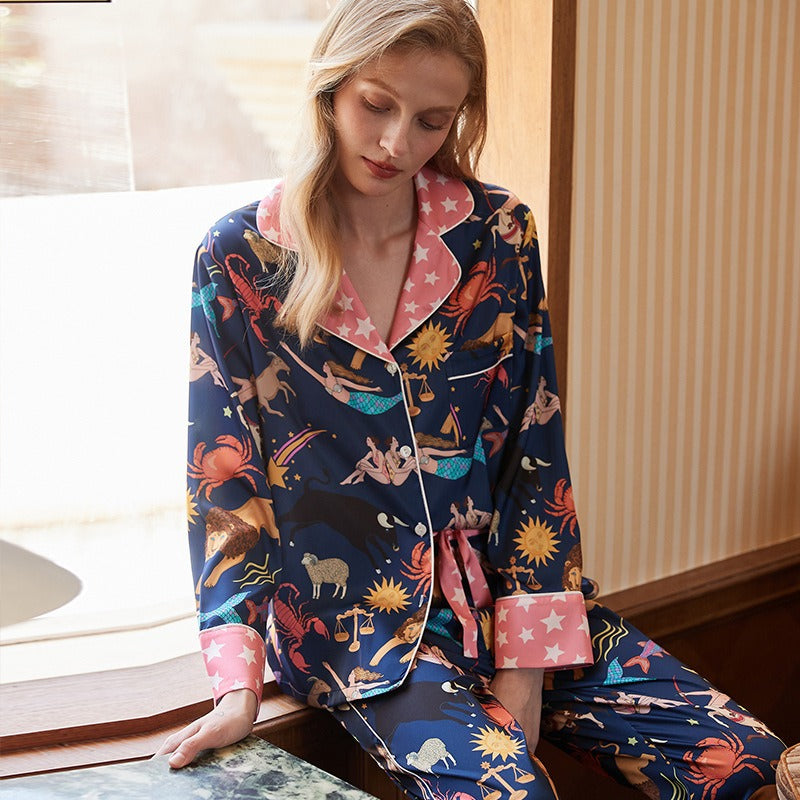 Blue Constellation Simulated Silk Pajamas for Women Spring and Autumn Long Sleeves and Trousers Cool Ice and Snow Silk - 2bazar4