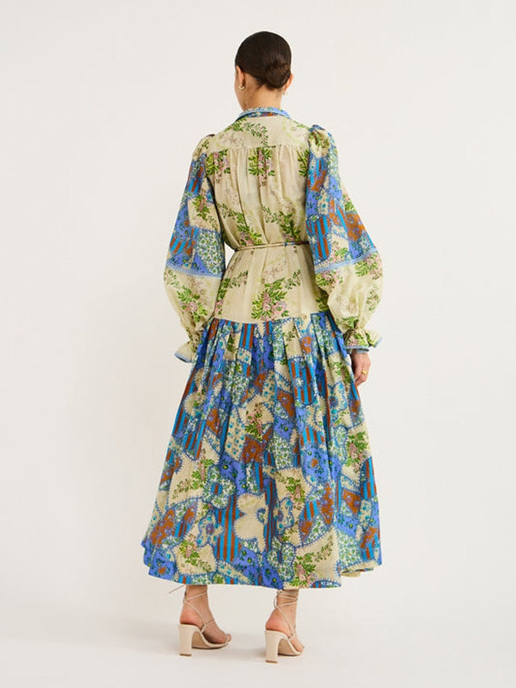 Colorful Printed Pleated Dress Women Belts Vacation Long Lantern Sleeve Single Breasted High Waist Dresses Turn-down Collar Robe