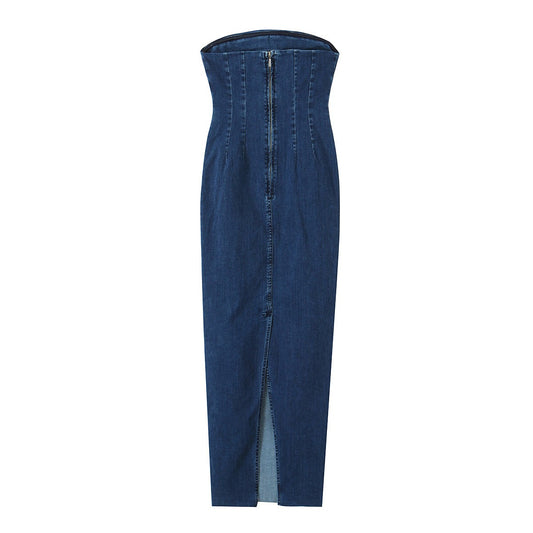Summer Back Slit Dress Sexy Slim Backless Strapless Dress Female Long Denim Dress - 2bazar4