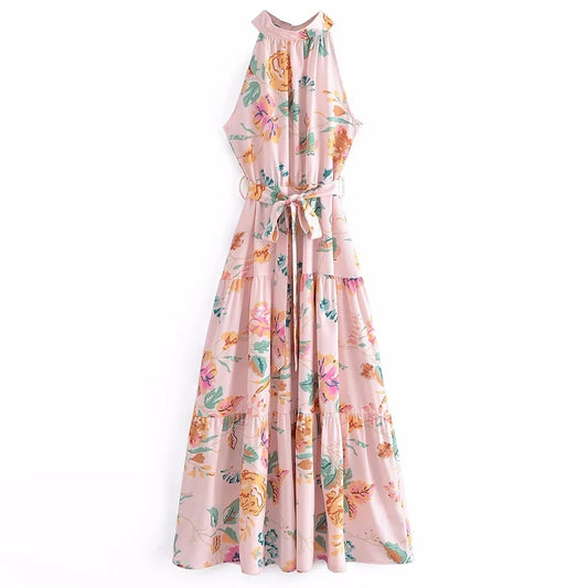 European and American New Fashion Sexy Sleeveless Hanging Neck Print Waist Pulling Dress Womens Long Dress - 2bazar4