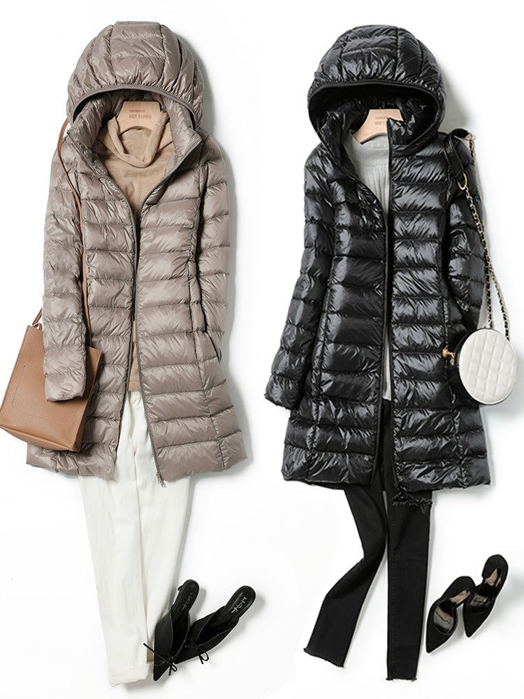 Lightweight and slim down jacket, women's mid length, hooded, oversized jacket with detachable hat - 2bazar4