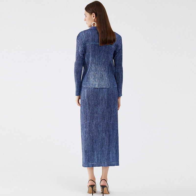 Miyake Denim Women's Korean Version Denim Shirt Spring Thin Top Slim Skirt Net Infrared Matching Suit - 2bazar4