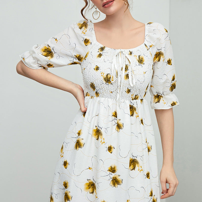Summer Women's Floral Dress Slim Long Skirt Chiffon Pleated Skirt - 2bazar4