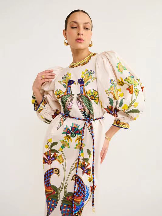 Elegant Birds Flower Printed Belts Dress Women Long Lantern Sleeve O-neck Female Dresses Summer Colorful Holiday Vestidos