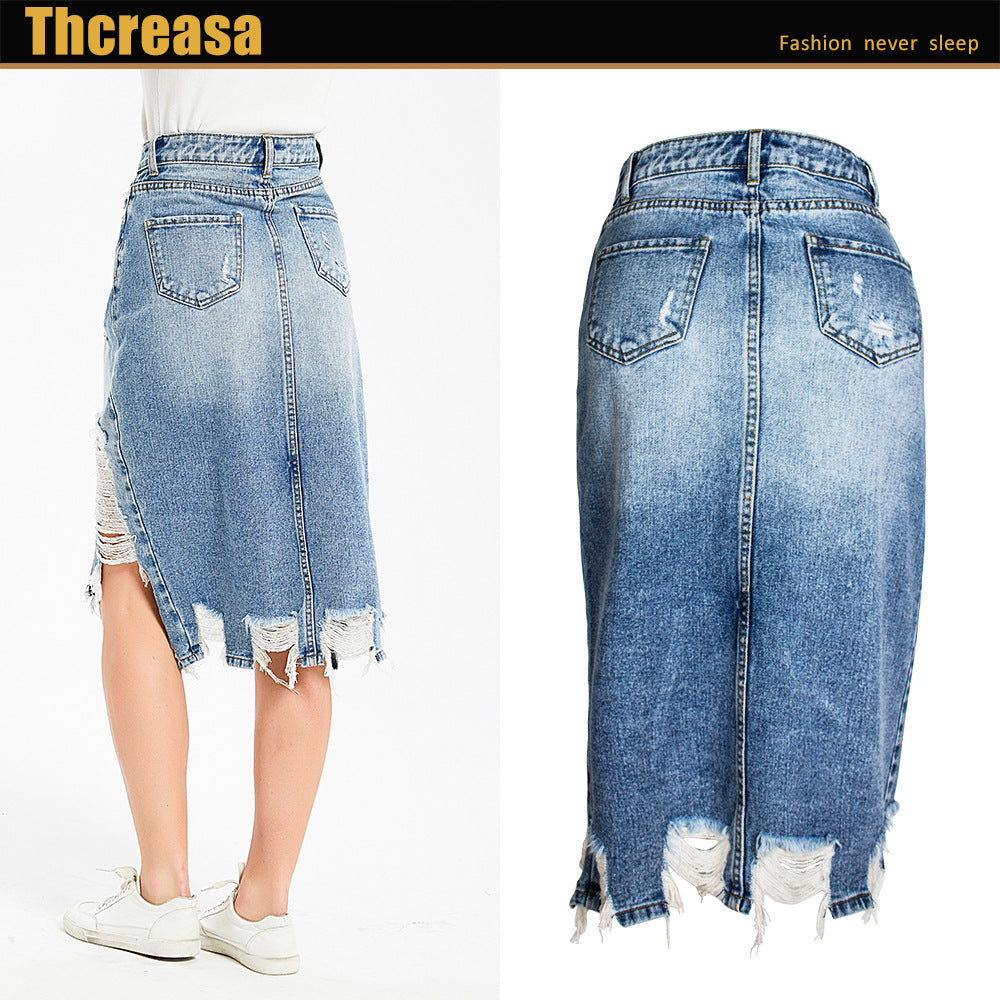 Women's Skirt Irregular Fringed Hole Denim Skirt Hip Lift Skirt Mid Skirt - 2bazar4