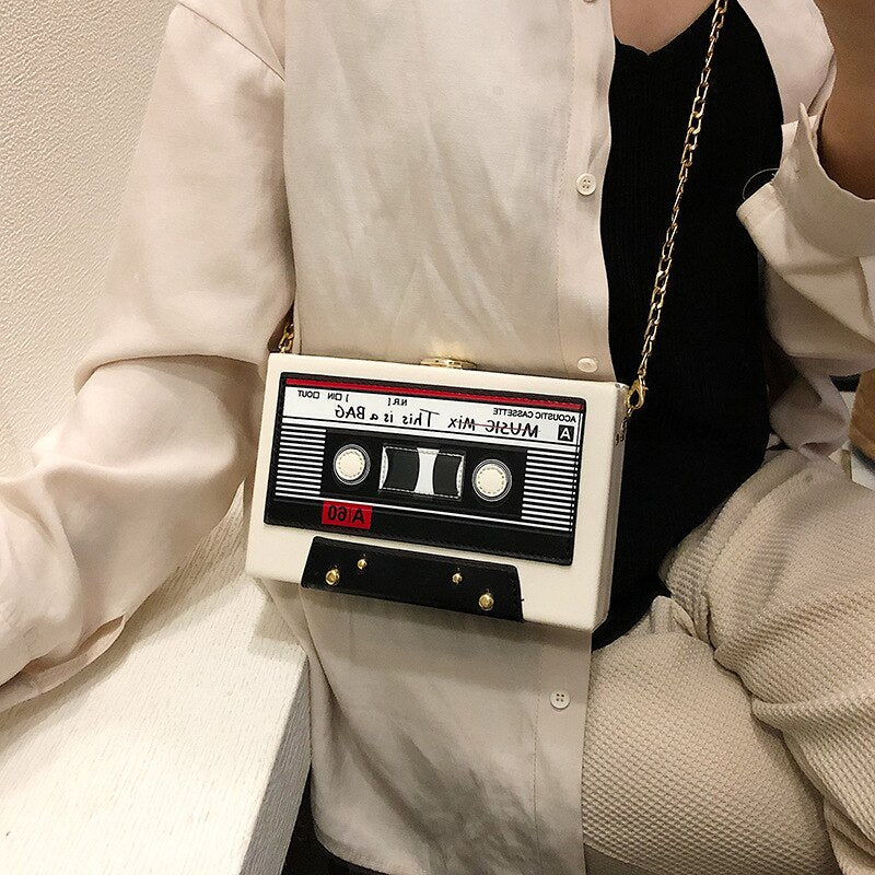 Women Shoulder Bag New Tape Recorder Cute Funny Cartoon Leather Chain Crossbody Bag for Female Day Clutches - 2bazar4