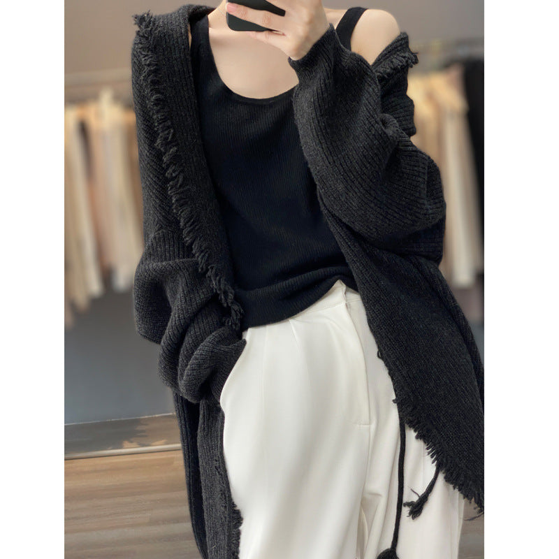 Japanese lazy style mid length tassel sweater for women, casual soft and sticky knitted cardigan - 2bazar4