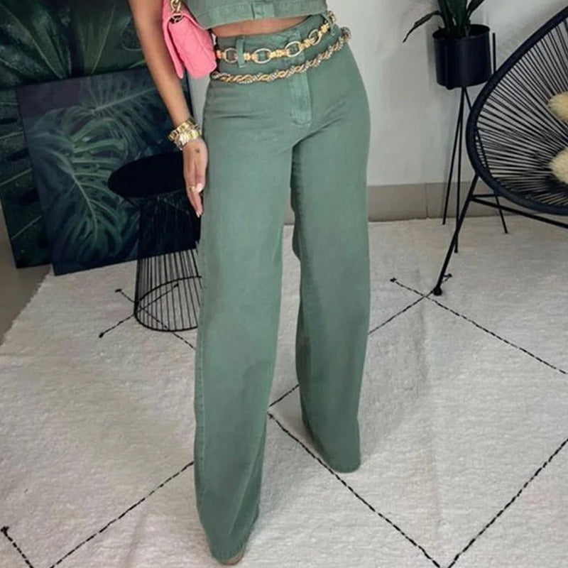 European and American womens clothing set Fashion lapel sleeveless top Loose pants Solid color set - 2bazar4