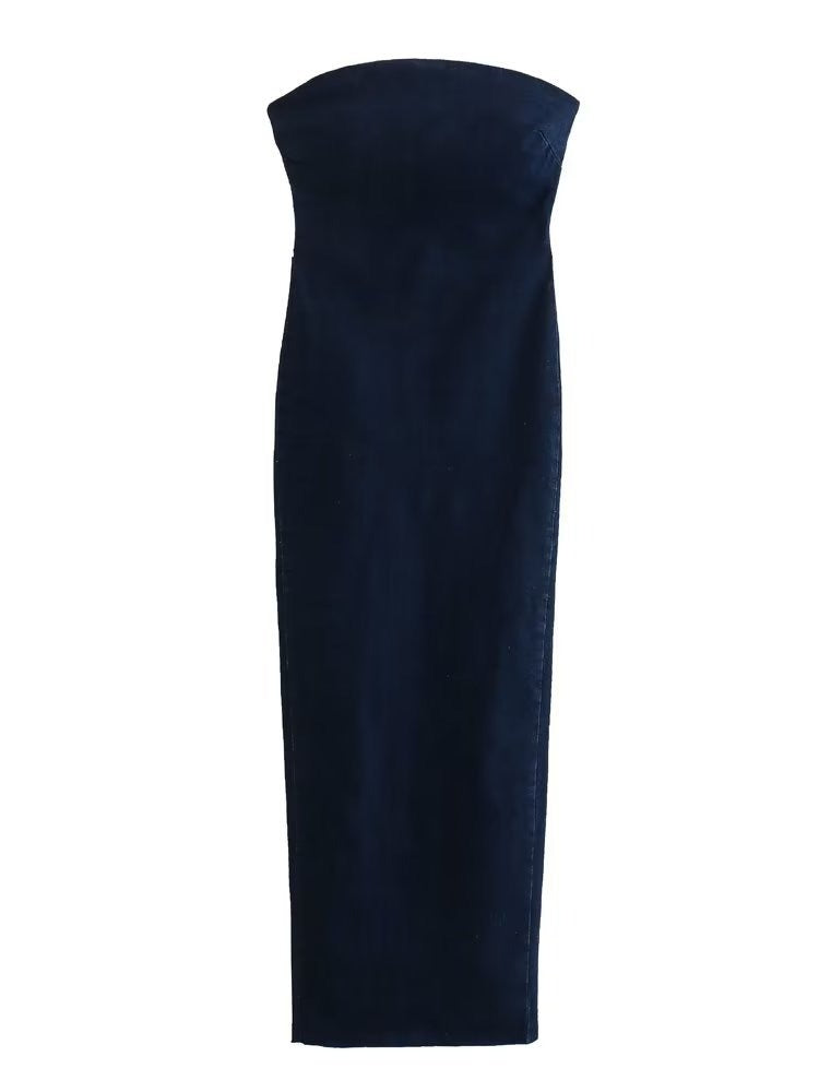 Summer Back Slit Dress Sexy Slim Backless Strapless Dress Female Long Denim Dress - 2bazar4