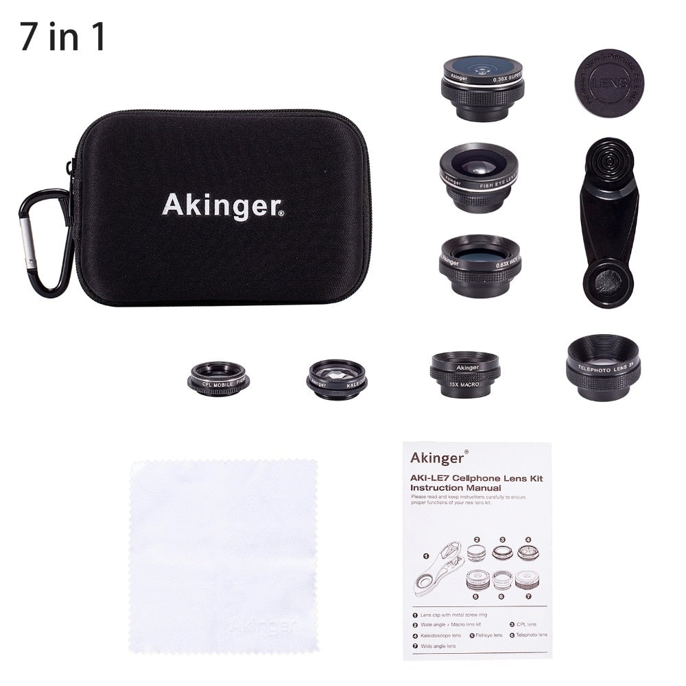 Akinger 4in1 5in1 7in1 10in1 13in1 Phone camera Lens Kit Fisheye Wide Angle macro telescope for iphone xiaomi android phone - 2bazar4