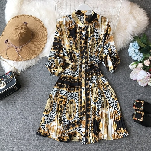 Spring Ladies Urban Chiffon Loose Printed Pleated Dress Women Fashion Festival Three Quarter Lantern Sleeves Knee-length Dress