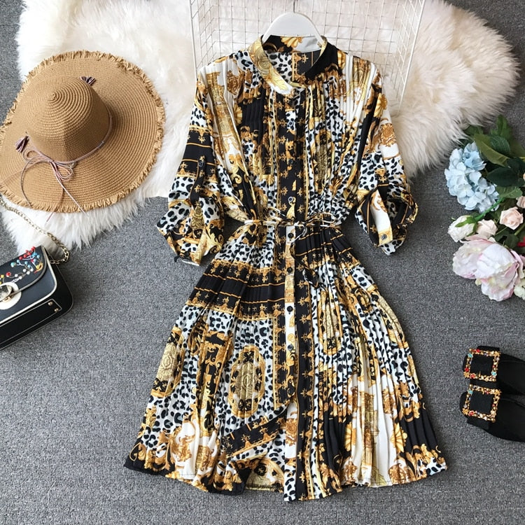 Spring Ladies Urban Chiffon Loose Printed Pleated Dress Women Fashion Festival Three Quarter Lantern Sleeves Knee-length Dress