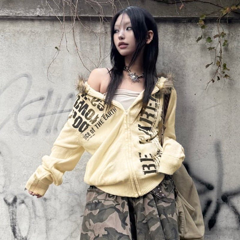 Memory YK Spicy Girl Personality Street Style Letter Fuzzy Patchwork Hooded Sweatshirt Women's Loose Casual Jacket