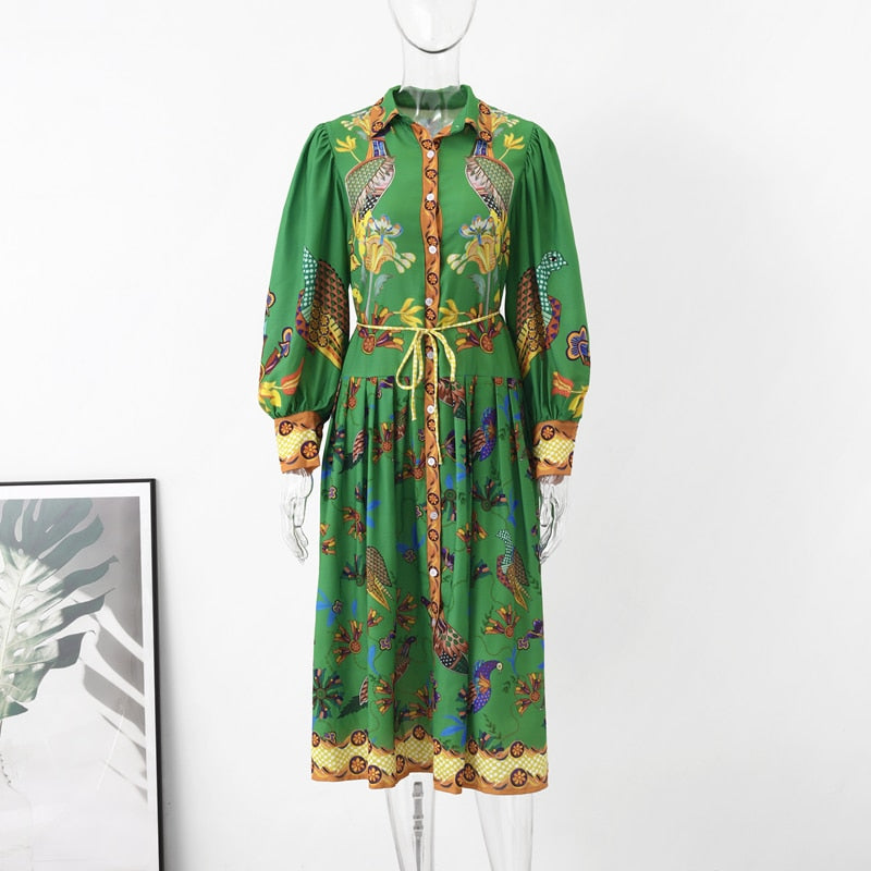 Birds Flower Printed Long Dress Women Belts Single Breasted Big Swing Holiday Long Lantern Sleeve Dresses Summer A-line Robe