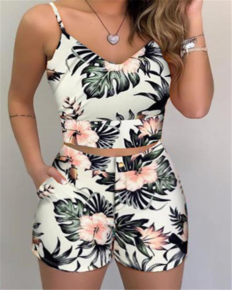 Summer Women Fashion 2-piece Outfit Set Sleeveless Print Top and Shorts Set for Ladies Women Party wear - 2bazar4