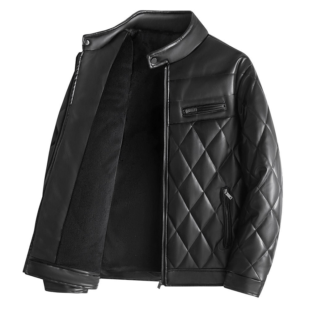 PU leather cotton jacket for men in winter with added velvet and thick leather cotton jacket, Korean version youth motorcycle - 2bazar4