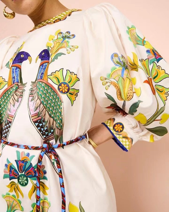 Elegant Birds Flower Printed Belts Dress Women Long Lantern Sleeve O-neck Female Dresses Summer Colorful Holiday Vestidos