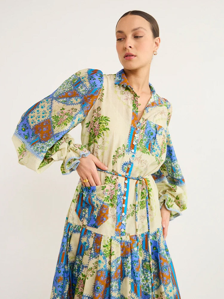 Colorful Printed Pleated Dress Women Belts Vacation Long Lantern Sleeve Single Breasted High Waist Dresses Turn-down Collar Robe