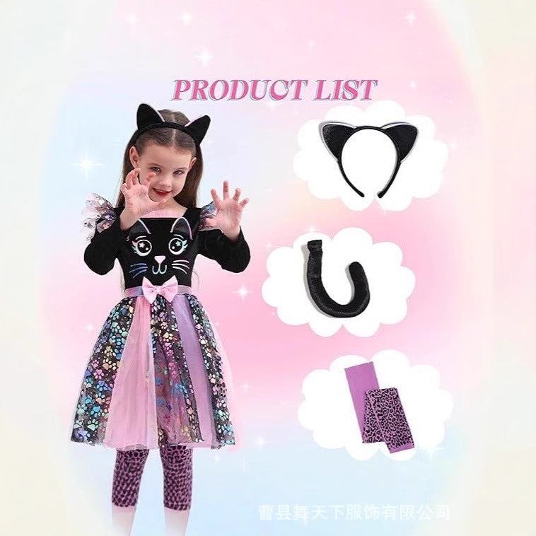 Halloween Witch Dress for Girls Cat Costume Dress Kitty Halloween Party Outfit