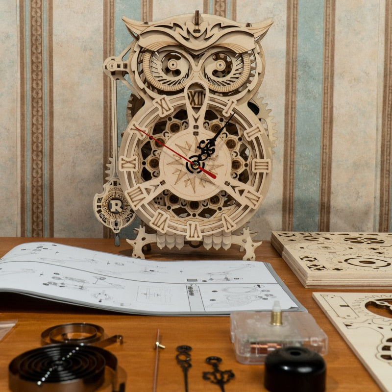 Robotime Rokr 161pcs Creative DIY 3D Owl Clock Wooden Model Building Block Kits Assembly Toy Gift for Children Adult LK503 - 2bazar4