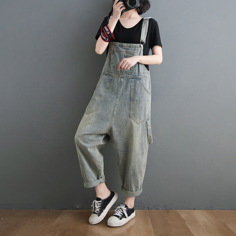 Vintage Jeans Jumpsuit Women Side Pockets Loose Retro Spaghetti Strap Denim Jumpsuit Ankle-length Romper Women Sleeveless - 2bazar4