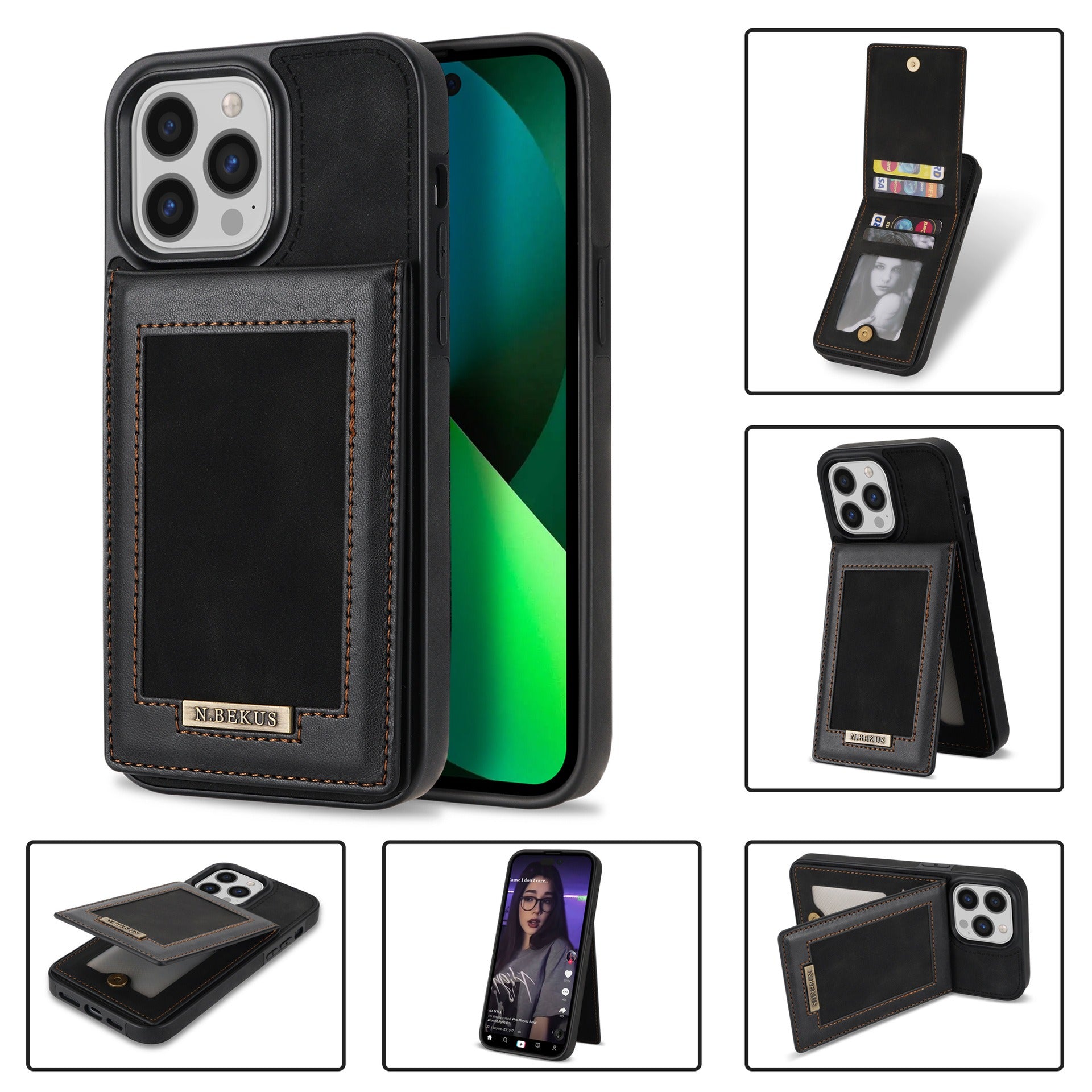 For iPhone 14ProMax Card Holder Phone Leather Case Samsung S23Ultra Photo Frame Magnetic Buckle Protective Case - 2bazar4
