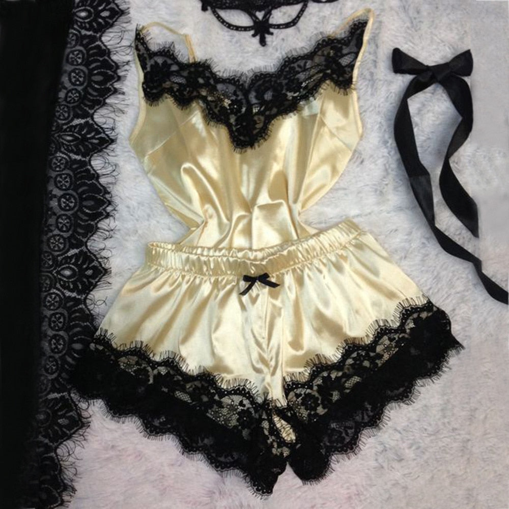 Women's Sleepwear Sexy Satin Pajama Set Black Lace V-Neck Pyjamas Sleeveless Cute Cami Top and Shorts pijama mujer algodon veran - 2bazar4