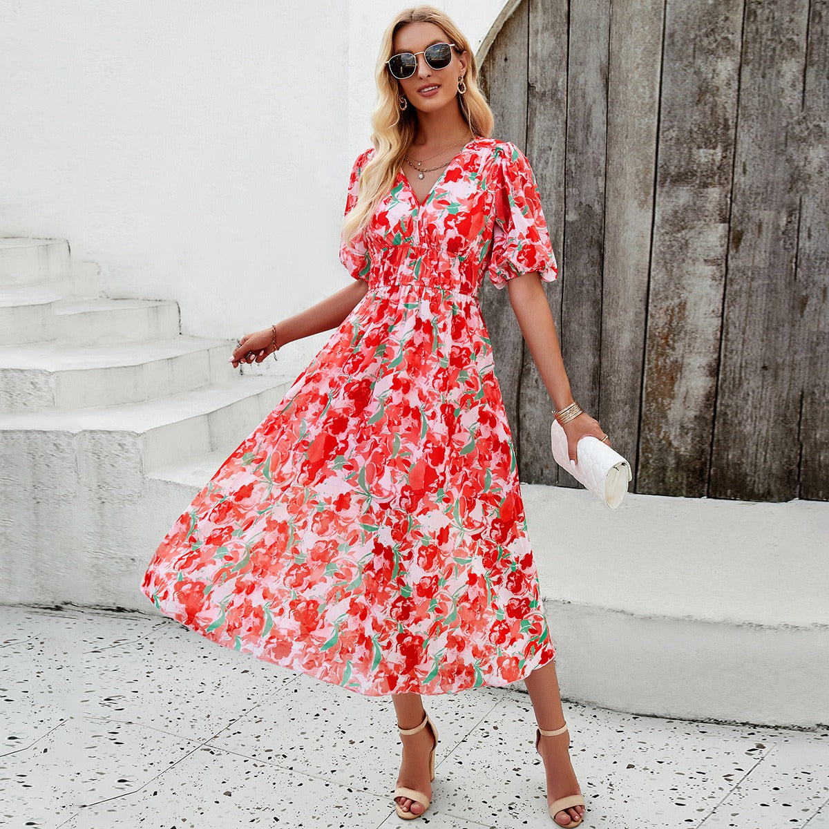 Spring/summer holiday casual print V-neck dress with waist tucked in - 2bazar4