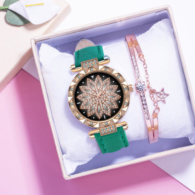 New Fashion Leather Strap Watch Women Quartz Watch Romantic Starry Sky Wrist Watch Bracelet Set for Women Gift Wrist Accessories - 2bazar4