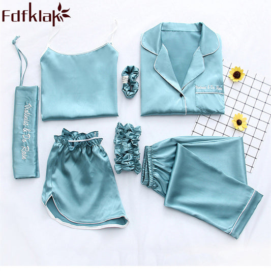 Home Clothes Sexy Pijama 7 Pieces Silk Pajamas For Women Night Suit Sleepwear Sets Pyjamas Women Spring Summer Q1047 - 2bazar4