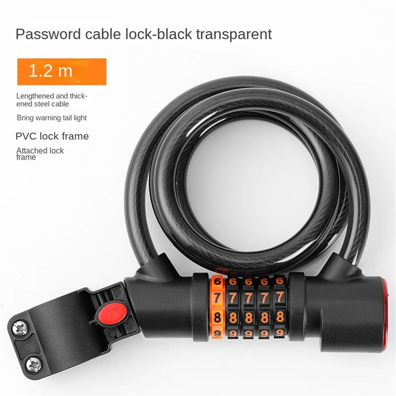 1.2M/1.8M Bike Lock Anti-theft 5 Digit Combination Password Security Lock With LED Light MTB Road Bike Steel Cable Bicycle Lock - 2bazar4